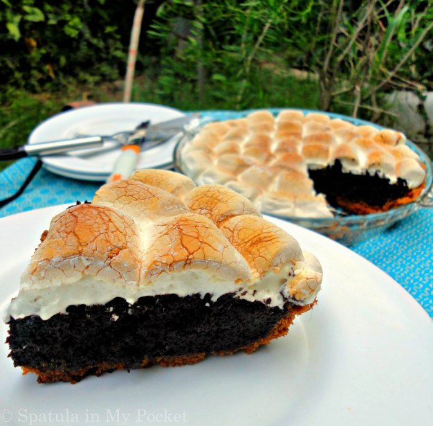 S'more brownie pie! Not just any pie...a biscuit crust, a brownie filling, and topped with gooey roasted marshmallows. 