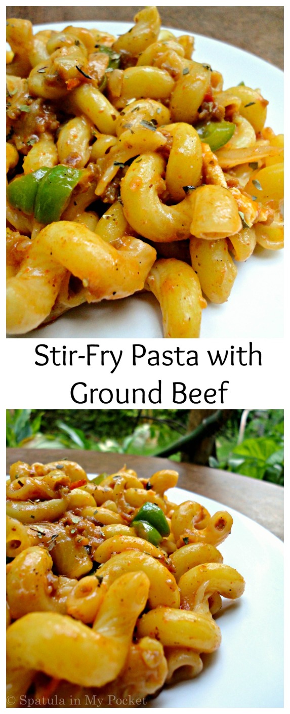 Warm, comforting, saucy, with just a hint of spice… Stir-Fry Pasta with Ground Beef